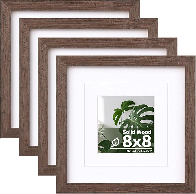 Egofine 8x8 Picture Frames Made of Solid Wood with Plexiglass, Display Pictures 4x4/6x6 with Mat or 8x8 Without Mat Set of 4 for Tabletop and Wall Mounting, Brown