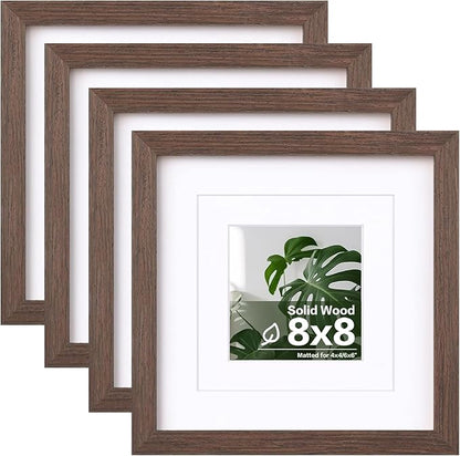 Egofine 8x8 Picture Frames Made of Solid Wood with Plexiglass, Display Pictures 4x4/6x6 with Mat or 8x8 Without Mat Set of 4 for Tabletop and Wall Mounting, Brown