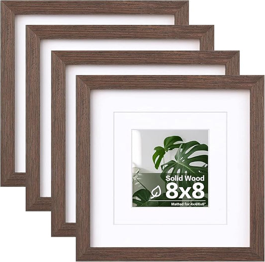 Egofine 8x8 Picture Frames Made of Solid Wood with Plexiglass, Display Pictures 4x4/6x6 with Mat or 8x8 Without Mat Set of 4 for Tabletop and Wall Mounting, Brown