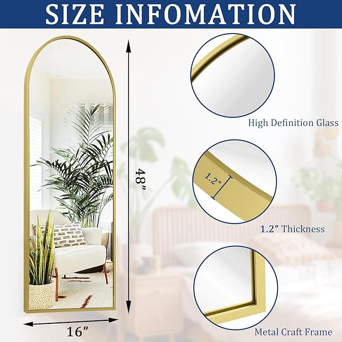 Arch Bathroom Wall Mirror, Silver Large Arched Full Length Mirror, Metal Aluminum Frame Modern Simple Home Decor, Leaning Against Wall Mirror for Bedroom Living Room 48"x16"