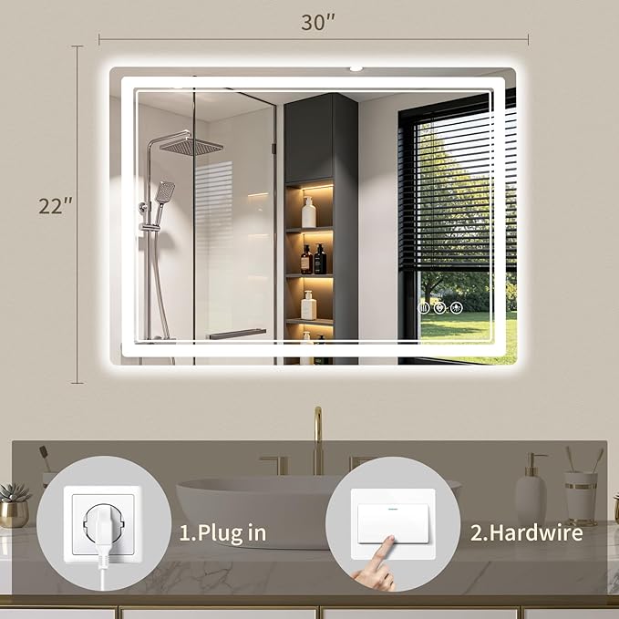 22"x30" LED Bathroom Mirror with Lights, Backlit + Front Lit, Anti-Fog, Lighted Bathroom Mirror for Wall, HD Shatterproof Tempered Glass, Dimmable, Memory Function (Horizontal/Vertical)