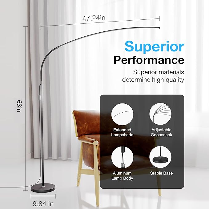 KEINVE Floor Lamp with Remote and Touch Control, 68 Inch Adjustable Standing Lamp, 3 Color Temperature Dimmable LED, Flexible Gooseneck for Reading, Living Room, Office