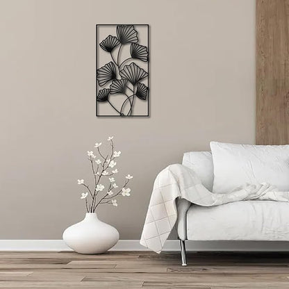 CREATCABIN Ginkgo Leaf Metal Wall Decor Black Leaves Wall Hanging Decor Iron Wall Art Minimalist Ginkgo Lines Silhouette Sculpture Decoration Sign Rectangle Frame for Yoga Garden Balcony 12x8 Inch