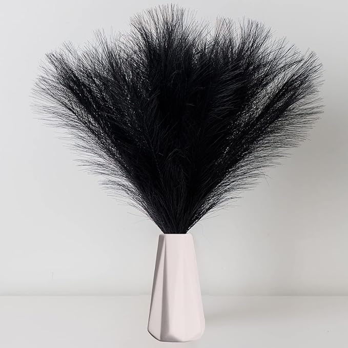 Faux Pampas Grass, 18"/45cm Artificial Pampas Grass Fluffy 6 Stem pompous Grass Flower Arrangement and Vase Filler for Boho Home Wedding Decoration (Black)