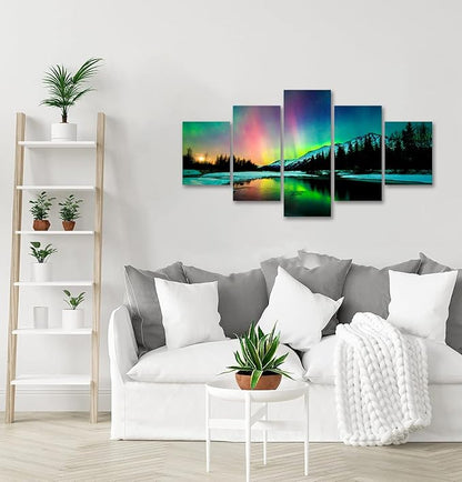 SKASNFAI 5 Piece Aurora Borealis Wall Art Poster Northern Lights Canvas Pictures Painting Alaska Artwork Office Wall Decor for Bedroom Living Room (50Wx24H)