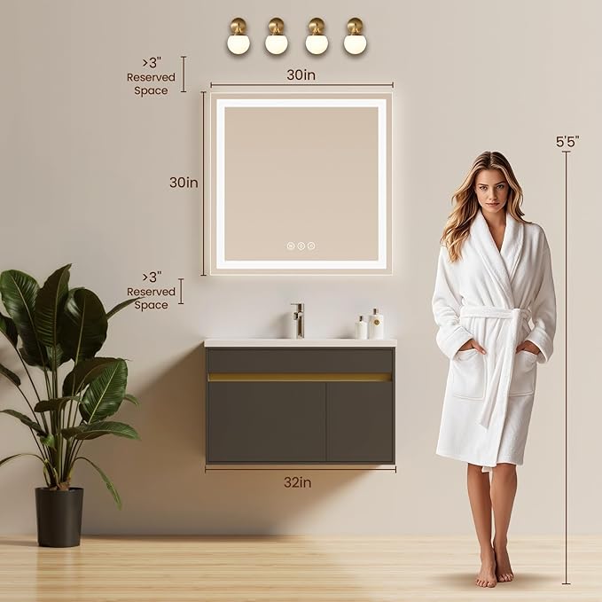 30x30 LED Bathroom Mirror with Lights, Anti-Fog, Backlit + Front Lit (CRI>90), Lighted Bathroom Vanity Mirror for Wall, Memory Function, Dimmable, Tempered Glass, Shatter-Proof