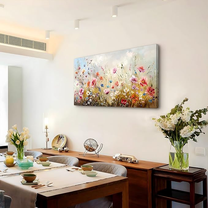 crmotu Floral Botanical Wall Art, Blooming Wildflowers Large Artwork, Flower Market Canvas Art Prints, Meadow Plant Nature Wall Decor, Rustic Wall Paintings for Living Room Bedroom Farmhouse 20"X40"