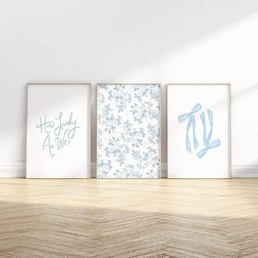 Baccone Blue Bow Wall Art Floral Canvas Wall Decor Coquette Flower Wall Art Trendy Aesthetic Poster Girly Preppy Pictures Blue Floral Prints for Living Room Bathroom 12x16 Inch Unframed Set of 3
