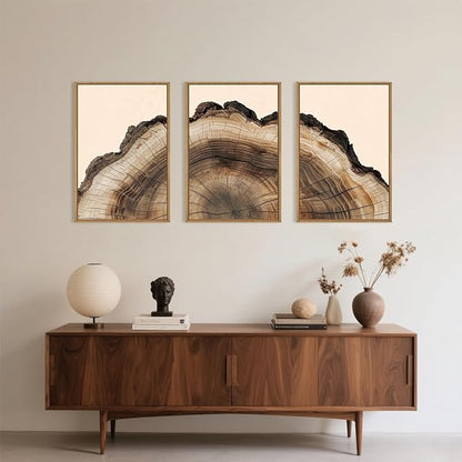 KAIRNE Vintage Tree Rings Framed Canvas Wall Art Set, Retro Wood Stump Wall Decor, Neutral Tree Spiral Art Prints, Modern Annual Ring Artwork for Living Room, Bedroom, Farmhouse, Office-16 x24 x3