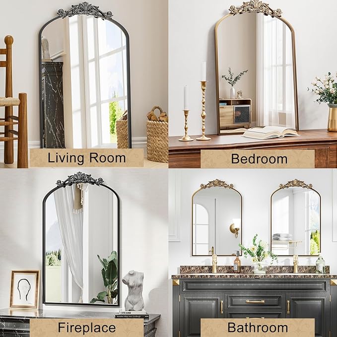 Dewfig Antique Arched Wall Mirror, 24"x36" Vintage Bronze Bathroom Mirror - Baroque Metal Frame Brass Mirror for Living Room, Bathroom, Fireplace, Entryway, Bronze