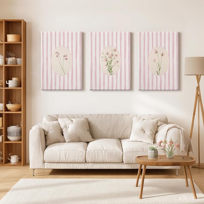 Pink Flower Wall Art Striped Floral Prints Botanical Canvas Wall Decor Aesthetic Pictures Pastel Pink Floral Poster Minimalist Flower Painting for Girl Room 12x16 Inch Wrapped Canvas Set of 3