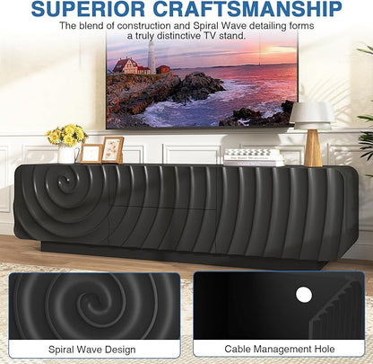 TV stand for 65'' TV , Media Console Table with Storage Cabinet, Spiral Wave Design,Low Profile Credenza for Living Room,Entertainment Center Television Stand with Curved Corner for Bedroom,Black
