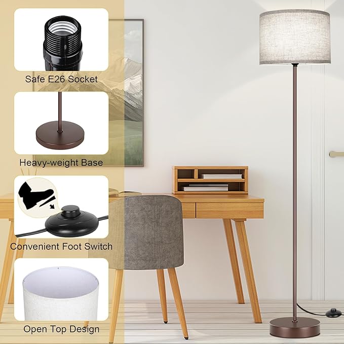 65‘’ Simple Design Floor Lamp with 3CCT 9W LED Bulb, Modern Industrial Standing Lamp for Living Room with Foot Switch, Tall Lamp with Drum Shade, Stand Up Floor Light for Study Bedroom Office, Brown