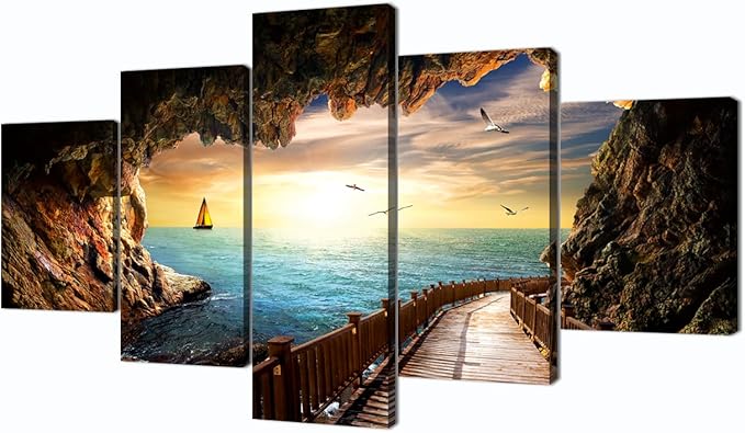 Sunset Seagulls Stone Scene Landscape Picture Modern Painting on Canvas 5 Piece Framed Wall Art for Living Room Bedroom Kitchen Home Decor Stretched Gallery Canvas Wrap Giclee Print (60’’W x 32’’H)