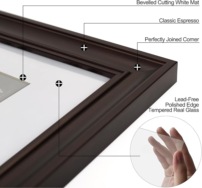 Yaetm 9x12 Picture Frame Matted to 6x8 Set of 4, 1.4” Wide Molding & Dark Brown Photo Frames 9 x 12 with Tempered Glass, Display on Tabletop & Wall Mounting (4 Pack, Brown)