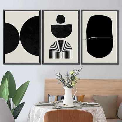 SIGNLEADER Framed Canvas Print Wall Art Set Array of Circles and Semi-Circles Abstract Shapes Illustrations Modern Art Minimalist Black and White for Living Room, Bedroom, Office - 16"x24"x3 BLACK