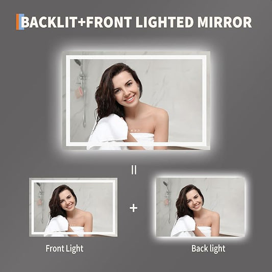 GarveeHome 45x30 LED Bathroom Mirror with Lights, Dimmable, Anti-Fog, Backlit + Front Lit, Lighted Bathroom Vanity Mirror for Wall, Memory Function, Shatter-Proof (Horizontal/Vertical)
