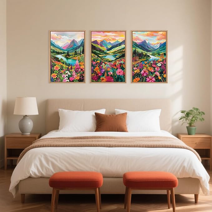 Colorful Wildflower Blossom Framed Canvas Wall Art Set,Mountain Flowers Wall Painting, Abstract Landscape Wall Decor,Natural Floral Art Print for Living Room,Dining Room,Office-24 x36 x3