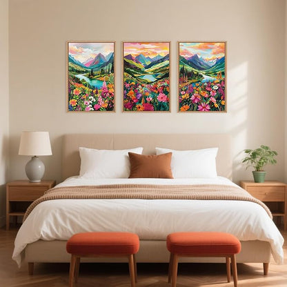 Colorful Wildflower Blossom Framed Canvas Wall Art Set,Mountain Flowers Wall Painting, Abstract Landscape Wall Decor,Natural Floral Art Print for Living Room,Dining Room,Office-24 x36 x3