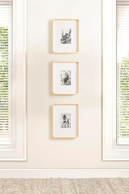 Kate and Laurel Inglewood Modern Wall Picture Frame Set of 3; 11x14 matted to 5x7; Natural Wood; Three-Piece Frame Set for Gallery Wall Accent Set in Living Room Decor