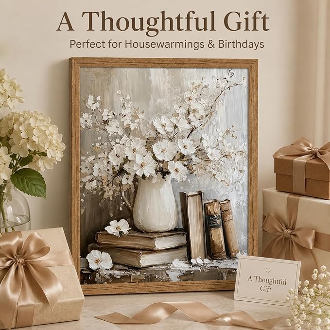 Framed Rustic Books Wall Art Farmhouse Floral Painting Picture Wall Decor Still Life Flowers Poster Print Artwork for Library Gallery Living Room Home Decoration
