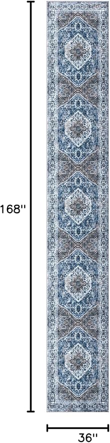 KOZYFLY Runners for Hallways 3x14 Ft Extra Long Washable Kitchen Thin Runner Rug Boho Runner Rug for Entryway Indoor Blue Printed Oriental Faux Wool Stair Floor Carpet Runner for Stair Kitchen Hall