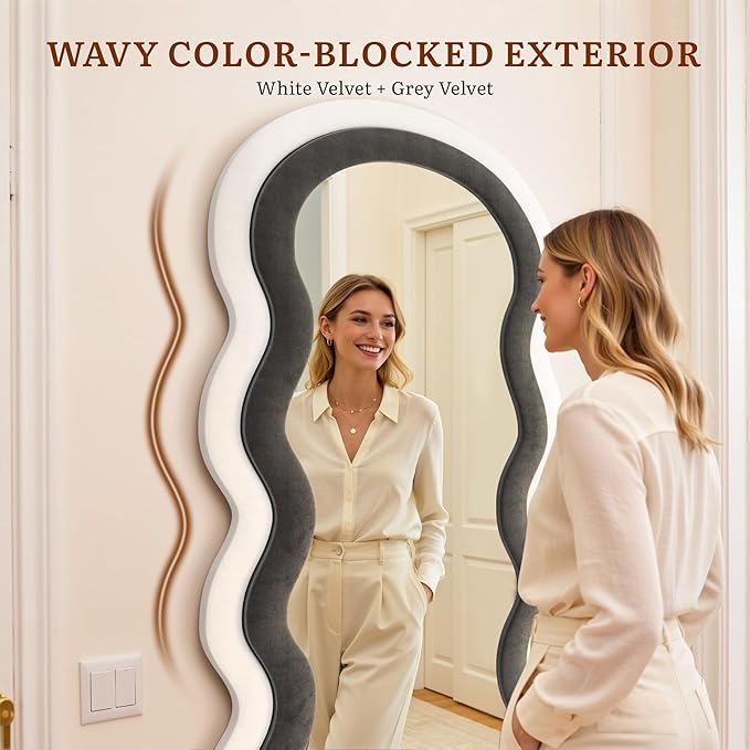 Wavy Full Length Mirror, 63"×24" Full Body Mirror with Stand, Irregular Flannel Floor Mirror Hanging or Leaning Wall for Living Room/Bedroom/Dressing Room/Dorm,Ideal for Mom