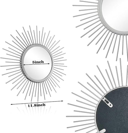 3 Set Sunburst Mirrors for Wall Decor Living Room Bedroom Bathroom Dining Room Metal Boho Sunburst Wall Mirror Set Gold Metal Vintage Circle Art Pack - Silver 11.8 in