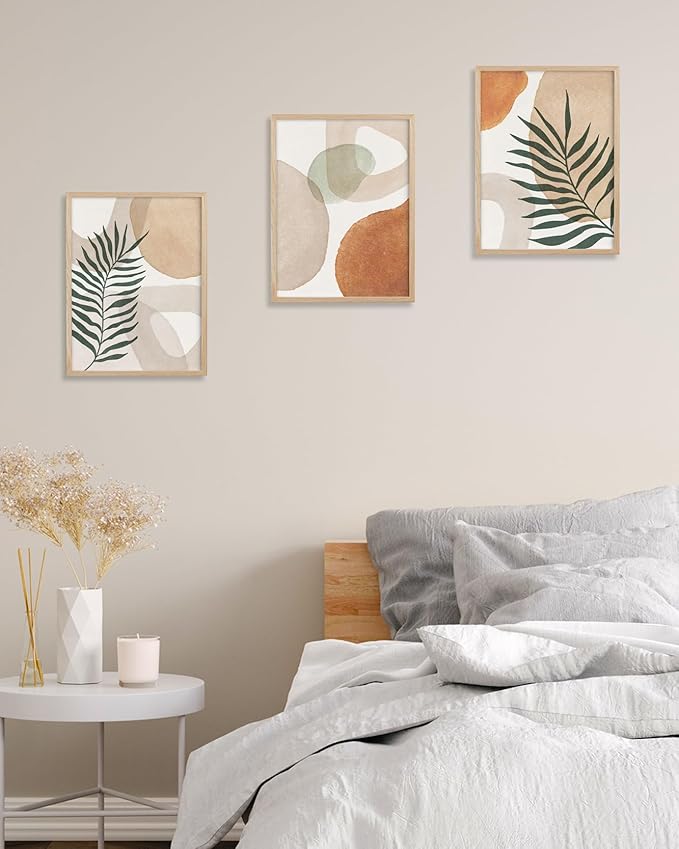 HesenDot Unframed Neutral Boho Wall Art Set of 3, 12x16in Botanical Leaves Abstract Geometric Canvas Posters, Minimalist Modern Aesthetic Wall Decor for Bedroom Living Room Home