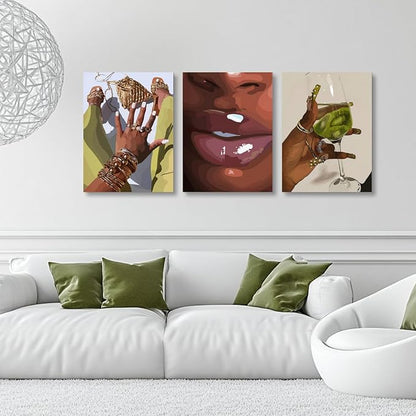 Hianan Black Girl Canvas Wall Art Set of 3, Framed African American Woman Wall Decor, Fashion Black Women Poster Prints, Abstract Black Girl Aesthetic Pictures for Living Room Bedroom 12"x16"