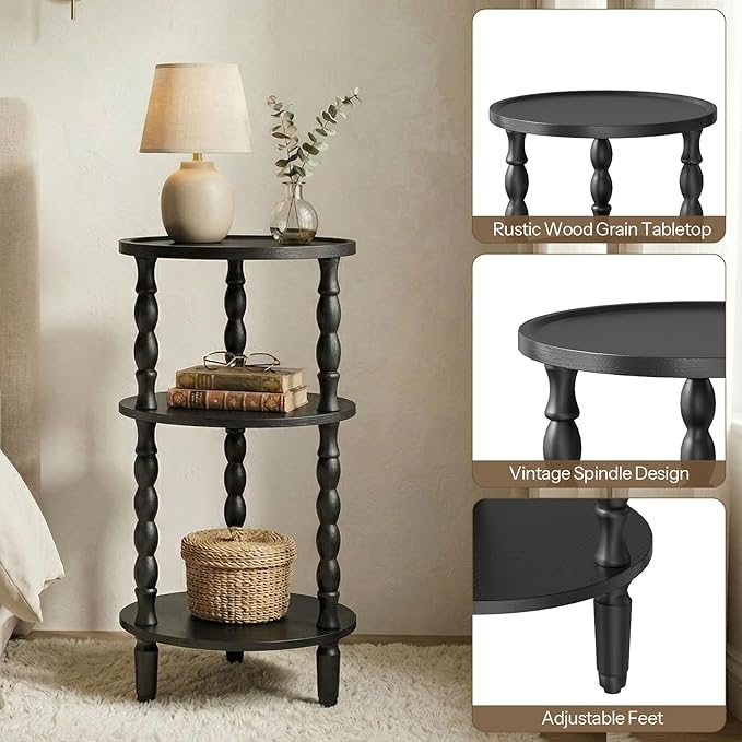 HOOBRO Round Side Table for Small Space, 3-Tier Small Round End Table with Rubberwood Leg, Accent Bedside Table, Circle Nightstand, Living Room, Bedroom, Sofa Couch, Black BK218BZ01