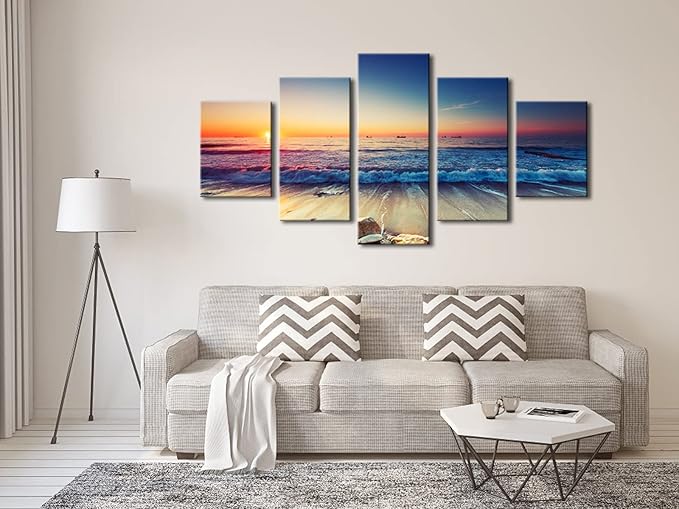 Pyradecor 5 Piece Large Modern Seascape Artwork Gallery Wrapped Ocean Sea Beach Pictures Canvas Prints Waves Paintings on Canvas Wall Art for Living Room Bedroom Home Decorations L