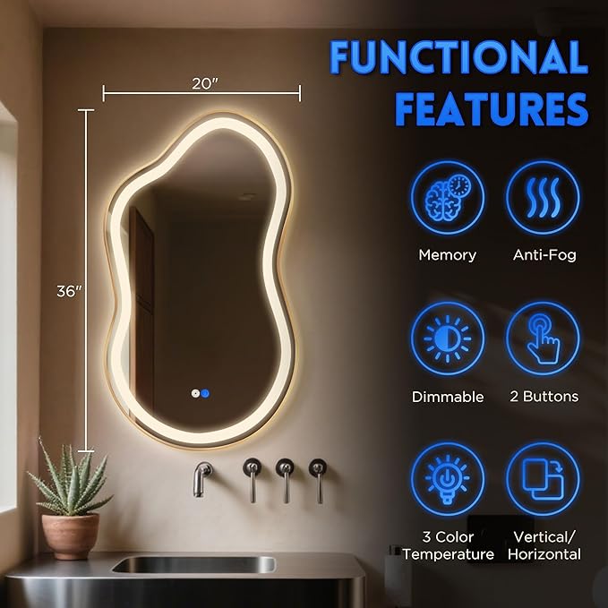 Dorlicecass Irregular Led Bathroom Mirror- Gold 20"x36" Single Piece Vanity Mirror with Lights IP54 Enhanced Anti-Fog, 3 Colors Dimmable, Memory,Tempered Glass,UL Listed