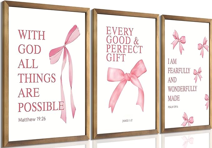 JBZDD Coquette Pink Bow Wall Art Decor Posters Set of 3, Inspirational Bible Verses Pictures Prints Coquette Aesthetic for Girls Room College Apartment Living Room Bedroom Unframed 12x16 In