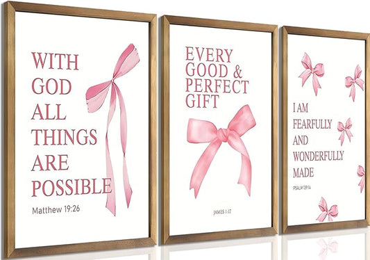 JBZDD Coquette Pink Bow Wall Art Decor Posters Set of 3, Inspirational Bible Verses Pictures Prints Coquette Aesthetic for Girls Room College Apartment Living Room Bedroom Unframed 12x16 In