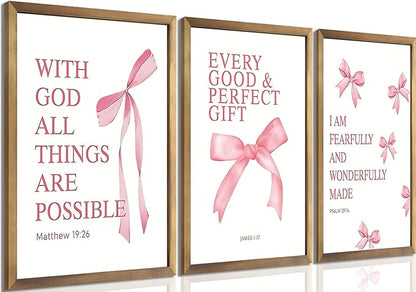 JBZDD Coquette Pink Bow Wall Art Decor Posters Set of 3, Inspirational Bible Verses Pictures Prints Coquette Aesthetic for Girls Room College Apartment Living Room Bedroom Unframed 16x24 In