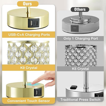 GyroVu Crystal Table Lamp, Gold Touch Lamp for Nightstand with USB C+A Ports, Dimmable Lamp with Crystal Shade, Bedside Lamp Small Lamp for Bedroom, Living Room(Buld Included)