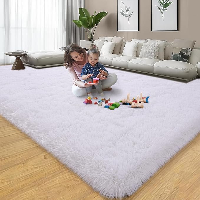 qulint 9x12 Area Rug for Living Room, Soft Fluffy White Rug for Bedroom Shag Shaggy Carpet for Girls Room, Plush Fuzzy High Pile Alfombras for Dorm Kid Room Classroom Home Decor (9ft x 12ft, White)
