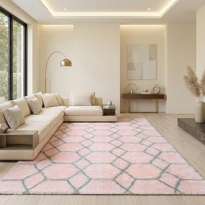 ONASAR Rugs for Living Room Bedroom, 5x8 Fluffy Pink and Grey Area Rug, Geometric Boho Soft Plush Shaggy Fuzzy Floor Carpet for Nursery Kids Girls Boys Teen Dorm Home Decor Aesthetic