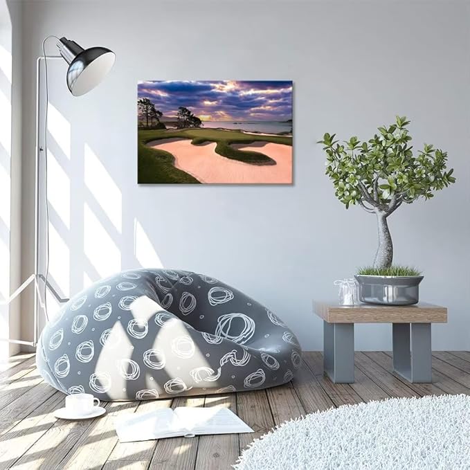 chenchenArt Pebble Beach Golf Course Wall Art for Living Room Bedroom Bathroom Home Decorations Golf Course Picture Poster Wall Decor for Office Canvas Prints Framed Ready to Hang(18''H x 24''W)
