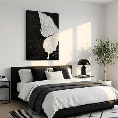 JUHOME Abstract Butterfly Canvas Wall Art – 24x36 Original Hand-Painted Black &White Textured Butterfly Wing Oil Painting on Black Canvas, Modern Minimalist Vertical Wall Decor for Living Room Bedroom