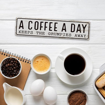 Coffee Signs Decor, A Coffee A Day Keeps the Grum Pies Away Sign, Farmhouse Wall Decor for Home, Vintage Bar or Dorm, Retro Metal Tin Sign, Decorative Metal Wall Signs 15.8x4 Inches