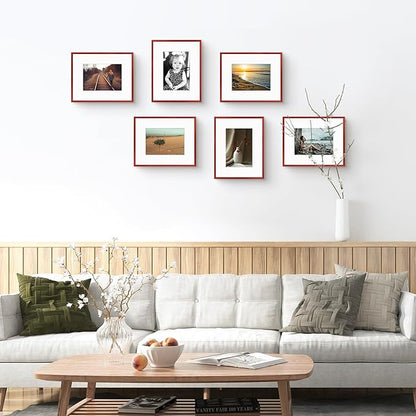 Golden State Art 8x10 Picture Frame 6 Pack - Dark Red Aluminum Photo Frames With 5x7 Mats and Real Glass Cover - Elegant Minimalist Wall Gallery Frames for Home or Office Decor