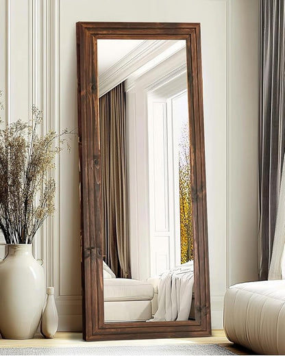 Full Length Mirror 65"x22" with Stand Solid Wood Frame Floor Large Mirror for Living Room, Bedroom Hanging Standing or Leaning Wall-Mounted, Brown