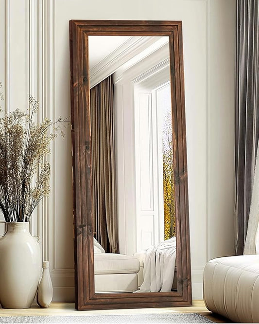Full Length Mirror 65"x22" with Stand Solid Wood Frame Floor Large Mirror for Living Room, Bedroom Hanging Standing or Leaning Wall-Mounted, Brown
