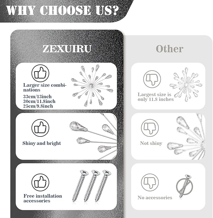 ZEXUIRU 4 Pcs Silver Starburst Wall Decor Metal Bling Wall Art Crystal Accents 3D Modern Decoration Glam Hanging Sculptures for Living Room Bedroom Office Teen Girl Room – Easy to Hang Home Decor Set