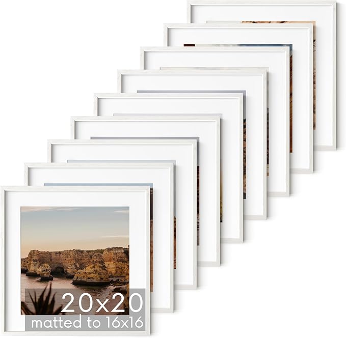 HAUS AND HUES White Oak Wood 20x20 Picture Frames - Set of 9, Square Frames with Mat, Premium White Frames for Posters and Artwork (20x20 in, White, Set of 9)