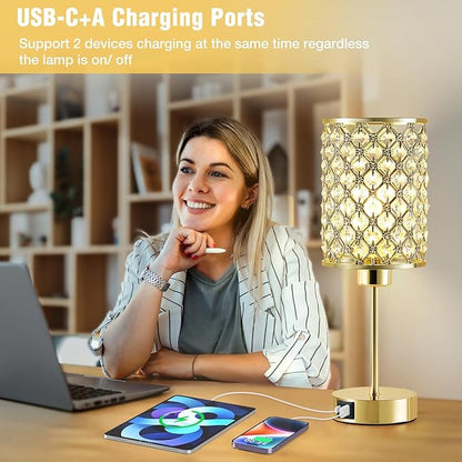 GyroVu Crystal Table Lamp, Gold Touch Lamp for Nightstand with USB C+A Ports, Dimmable Lamp with Crystal Shade, Bedside Lamp Small Lamp for Bedroom, Living Room(Buld Included)