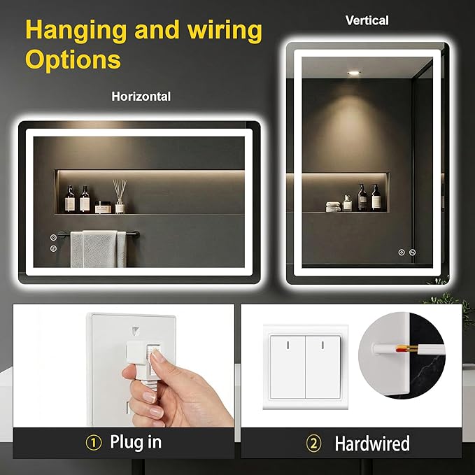LED Bathroom Mirror with Lights - Anti-Fog, Dimmable, Backlit+Frontlit, 3 Color Light - 40"x30" Lighted Vanity Mirrors for Wall, Shatterproof Tempered Glass, Memory Function