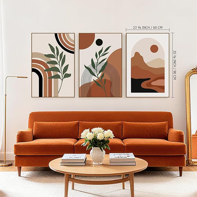 SAFERRYHOME Large Boho Abstract Wall Art, Mid Century Bohemian Wall Decor Framed Canvas Set of 3, Modern Minimalist Artwork Botanical Painting Prints Pictures for Living Room Bedroom Bathroom, 24x36inch